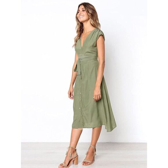 Edary Women's V Neck Short Sleeve Dress, Casual Short Sleeve Tie Waist Dress NEW - Picture 2 of 9